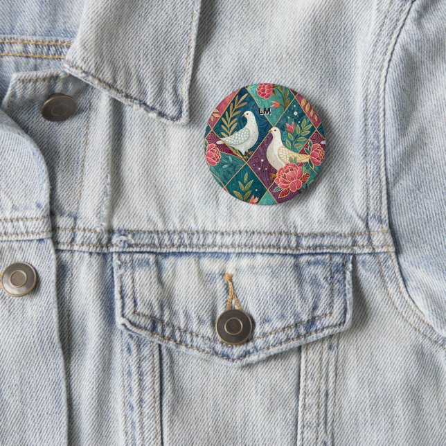 Elegant White Doves Pink Floral & Gold Geometric Button (In Situ)