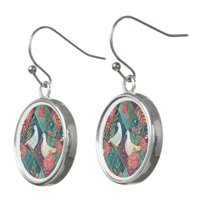 Elegant White Doves Pink Floral & Gold Geometric Earrings (Angled)