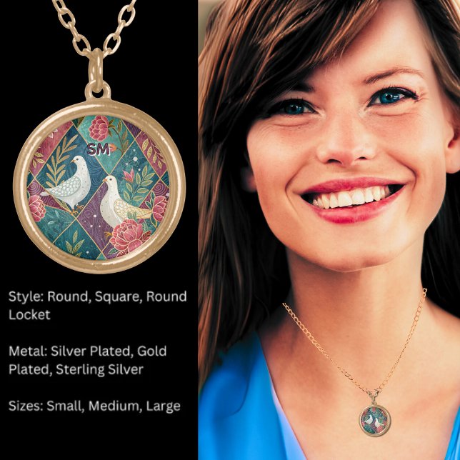 Elegant White Doves Pink Floral & Gold Geometric Gold Plated Necklace (Elegant White Doves Pink Floral & Gold Geometric Gold Plated Necklace)