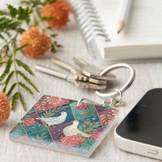 Elegant White Doves Pink Floral & Gold Geometric Keychain