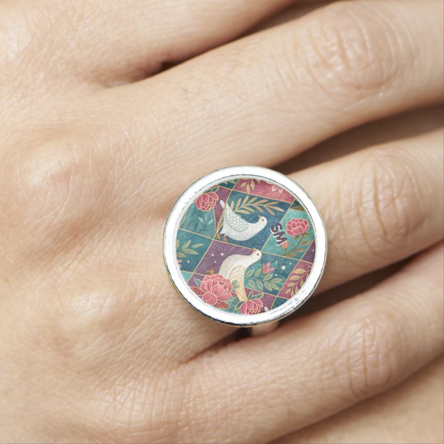 Elegant White Doves Pink Floral & Gold Geometric Ring (In Situ)