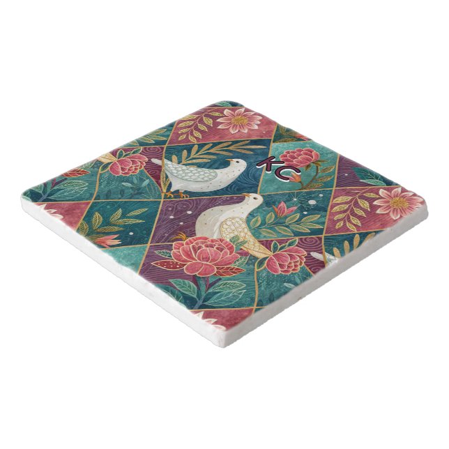 Elegant White Doves Pink Floral & Gold Geometric Trivet (Corner)