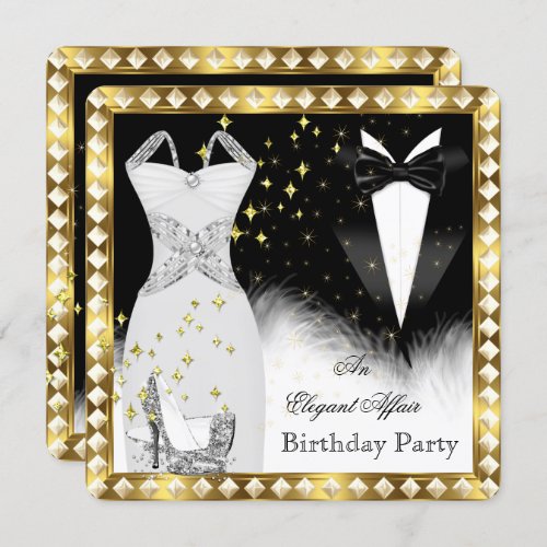 Elegant White Dress Black Tie Gold Birthday Party Invitation