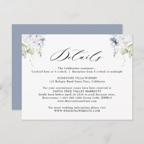 Elegant White Dusty Blue Floral Wedding Details Enclosure Card