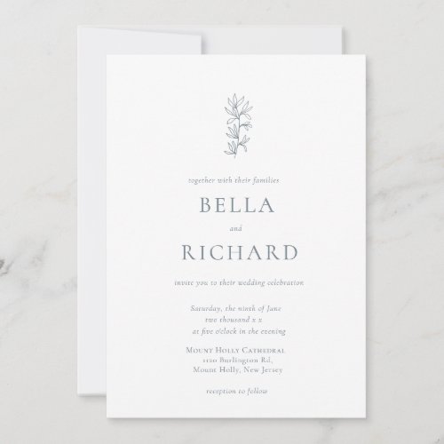 Elegant White Dusty Blue Floral Wedding Invitation