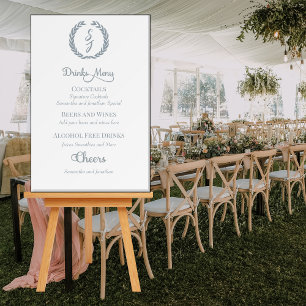 Elegant White Dusty Blue Monogram Drinks Menu Foam Board