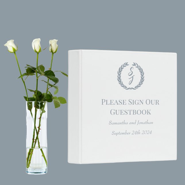 Elegant White Dusty Blue Monogram Guest Book 3 Ring Binder (Creator Uploaded)