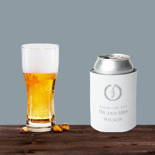 Elegant White Dusty Blue Monogram Wedding Can Cooler