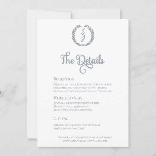 Elegant White Dusty Blue Monogram Wedding Details  Invitation