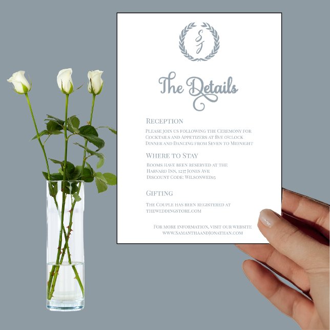 Elegant White Dusty Blue Monogram Wedding Details  Invitation (Creator Uploaded)