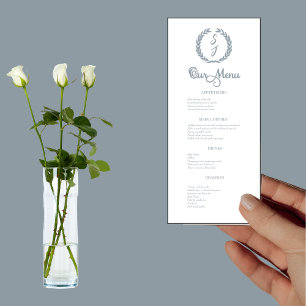 Elegant White Dusty Blue Monogram Wedding Dinner Menu