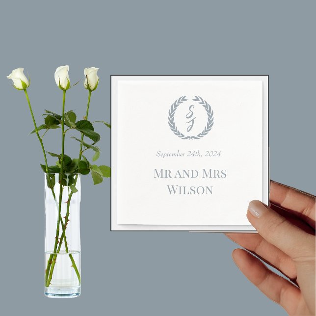 Elegant White Dusty Blue Monogram Wedding Dinner  Napkins (Creator Uploaded)
