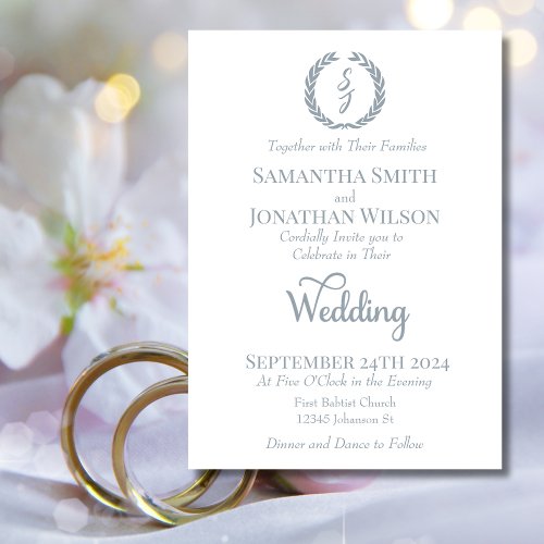 Elegant White Dusty Blue Monogram Wedding  Invitation