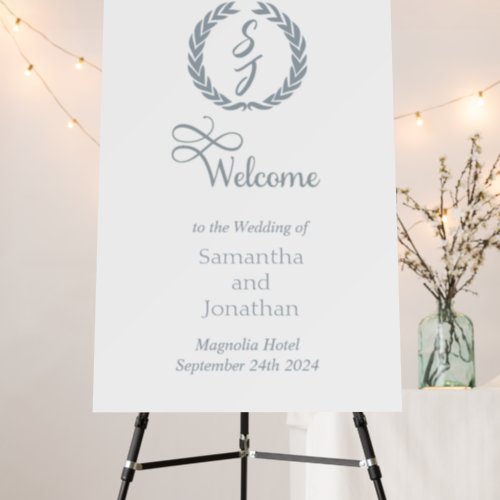 Elegant White Dusty Blue Monogram Wedding Welcome  Foam Board