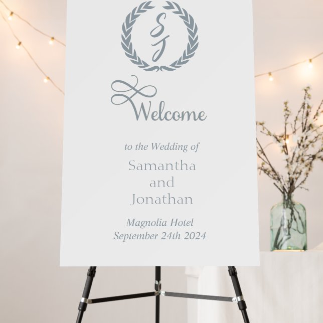 Elegant White Dusty Blue Monogram Wedding Welcome  Foam Board (In Situ (Stand))