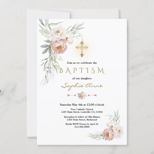 Elegant White Dusty Rose Flowers Cross Baptism Invitation