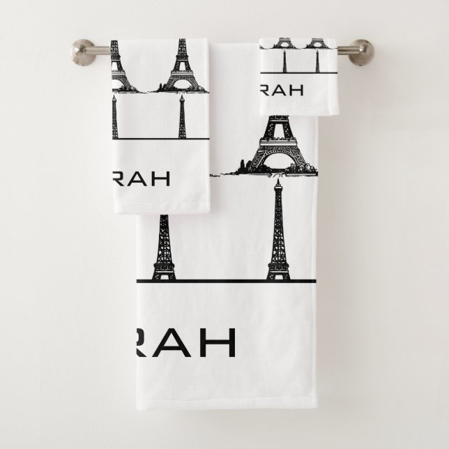 Elegant White Eiffel Tower Paris Monogram Bath Towel Set (Insitu)