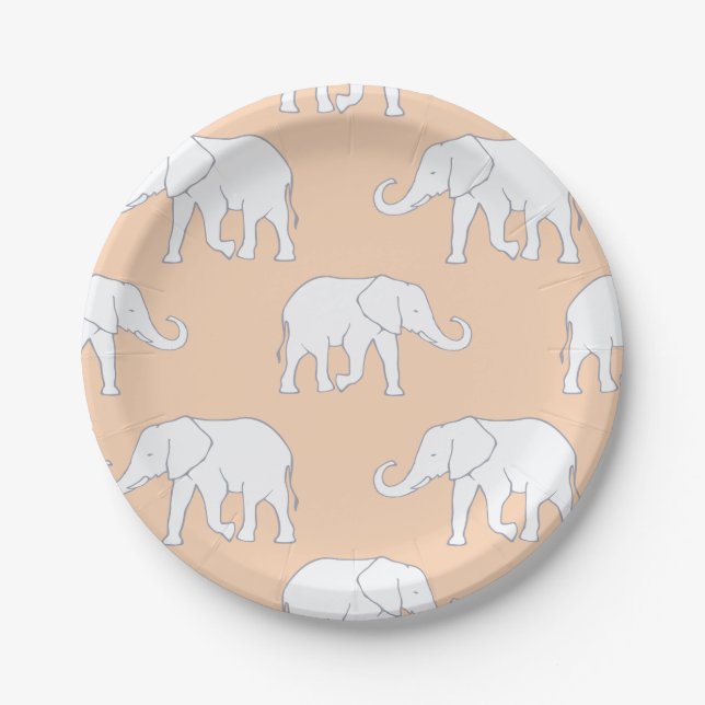 Elegant White Elephant Pattern on Soft Pastel Paper Plates (Front)