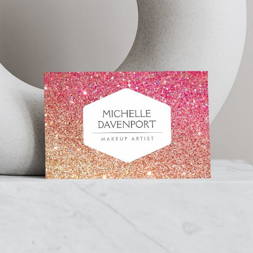 Customizable ELEGANT WHITE EMBLEM BRONZE/PINK OMBRE GLITTER Double-Sided STANDARD BUSINESS CARDS (Pack OF 100)