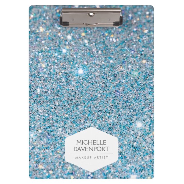 ELEGANT WHITE EMBLEM ON BLUE GLITTER BACKGROUND CLIPBOARD (Front)