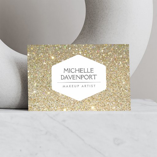 Customizable ELEGANT WHITE EMBLEM ON GOLD GLITTER BACKGROUND BUSINESS CARD