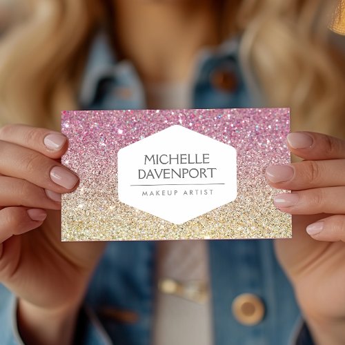 ELEGANT WHITE EMBLEM ON PINK OMBRE GLITTER BUSINESS CARD
