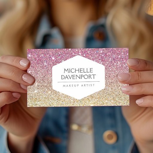 Customizable ELEGANT WHITE EMBLEM ON PINK OMBRE GLITTER BUSINESS CARD