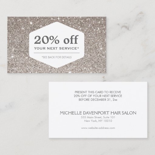 ELEGANT WHITE EMBLEM ON SILVER GLITTER Coupon Card Zazzle