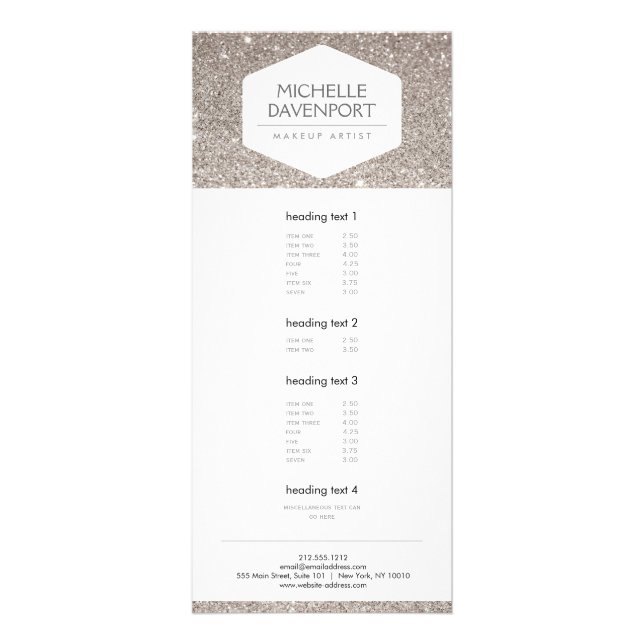 ELEGANT WHITE EMBLEM ON SILVER GLITTER Rack Card (Front)