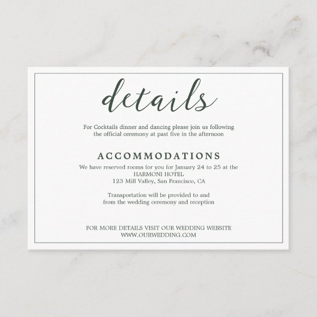 Elegant White & Emerald Green Bordered Wedding Enclosure Card (Front)