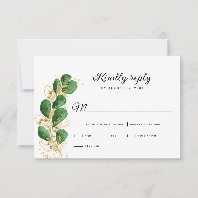 Elegant White Emerald Green Eucalyptus Wedding RSVP Card (Front)