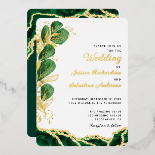 Elegant White Emerald Green & Gold Wedding Foil Invitation