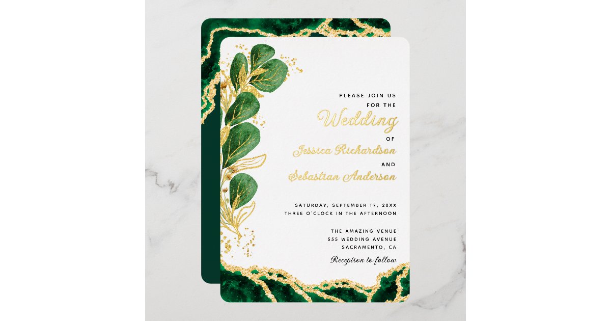 Elegant White Emerald Green & Gold Wedding Foil Invitation | Zazzle
