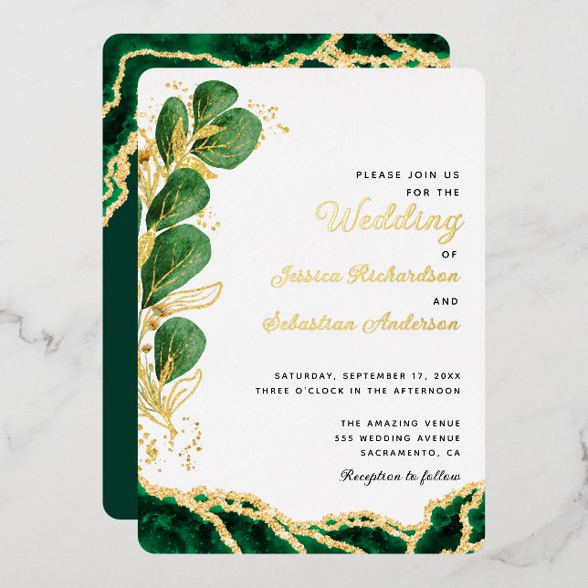 Elegant White Emerald Green & Gold Wedding Foil Invitation (Front/Back)