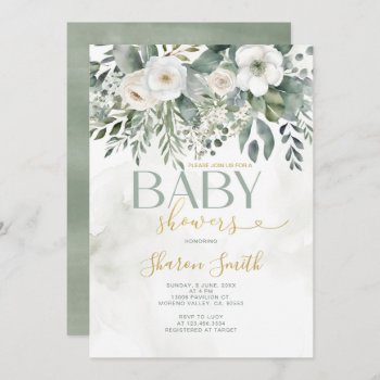 Elegant White Eucalyptus Floral Girl Baby Shower Invitation by HappyPartyStudio at Zazzle