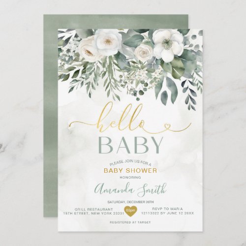 Elegant White Eucalyptus Floral Hello Baby Shower Invitation