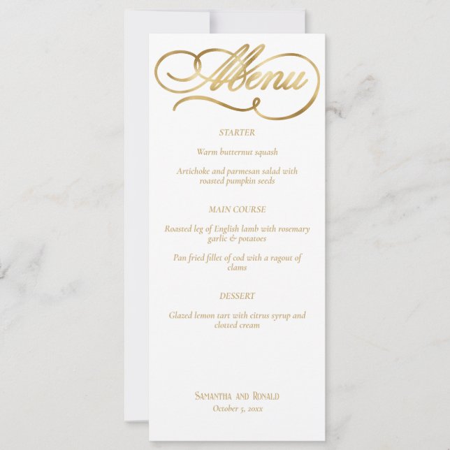 Elegant White & Faux Gold Calligraphy Wedding Menu Invitation (Front)