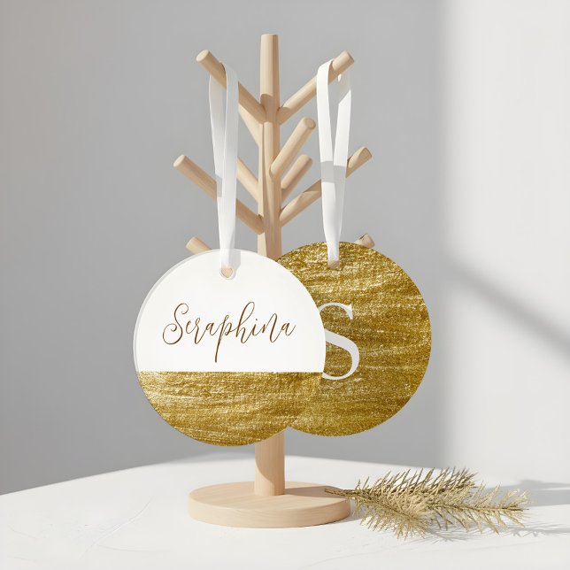 Elegant White & Faux Gold Leaf Monogram Christmas Ornament (Elegant White & Faux Gold Leaf Monogram Christmas Ornament)