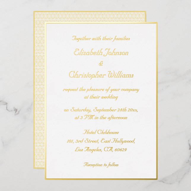 Elegant White Faux Gold Modern Custom Wedding Foil Invitation (Front/Back)