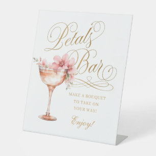 Elegant White Faux Gold Pink Petals Bar Pedestal Sign