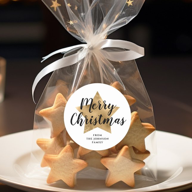Elegant White Faux Gold Star Merry Christmas  Classic Round Sticker (Elegant White Faux Gold Star Merry Christmas Classic Round Sticker)