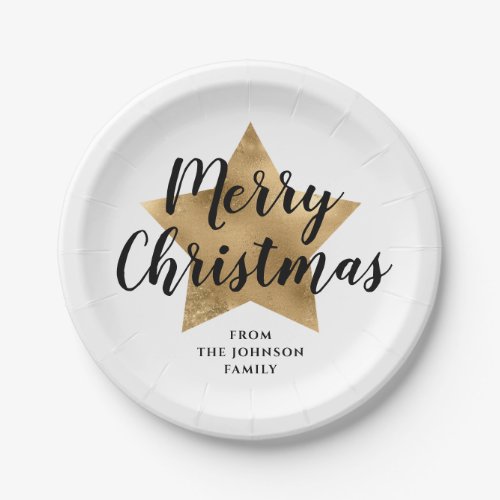 Elegant White Faux Gold Star Merry Christmas Paper Plates