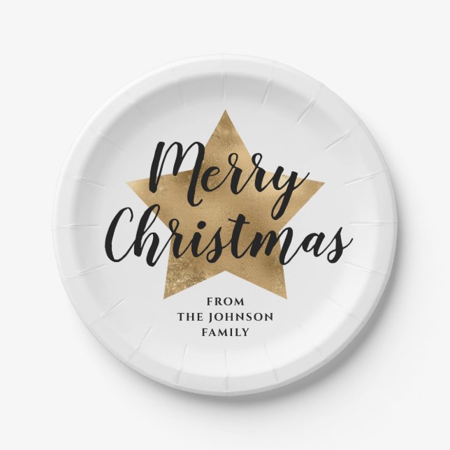 Elegant White Faux Gold Star Merry Christmas Paper Plates (Front)