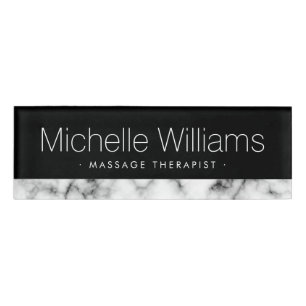 Elegant white faux marble border black name tag