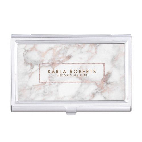 Elegant White Faux Marble Rose_Gold Accent Case For Business Cards