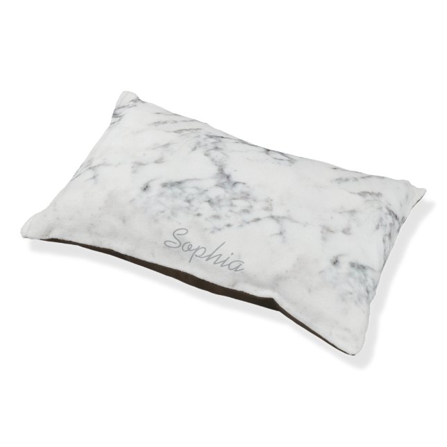 Elegant White Faux Marble Texture With Pet's Name Pet Bed (Angled)