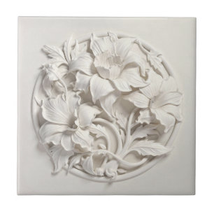 Elegant White Faux Relief Flowers Ceramic Tile