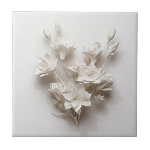 Elegant White Faux Relief Flowers Ceramic Tile