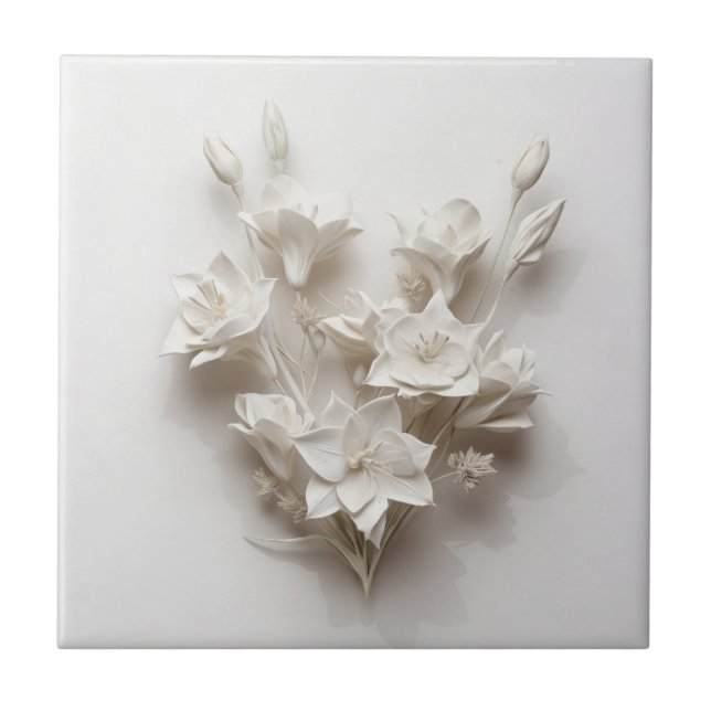 Elegant White Faux Relief Flowers Ceramic Tile (Front)