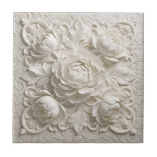 Elegant White Faux Relief Flowers Ceramic Tile